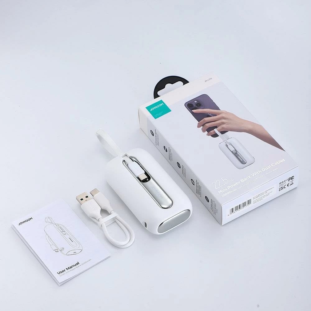 Powerbank Joyroom JR-L012, 10000mAh, 22.5W, me 2 kabllo të integruara USB-C dhe Lightning, Bardhë