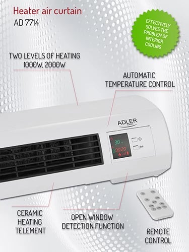 Perde ajri ngrohëse Adler AD 7714, 2200W max, 2 nivele 1000/2000W, element qeramik, termostat 7–38°C, kohëmatës javor, telekomandë, montim muri, bardhë