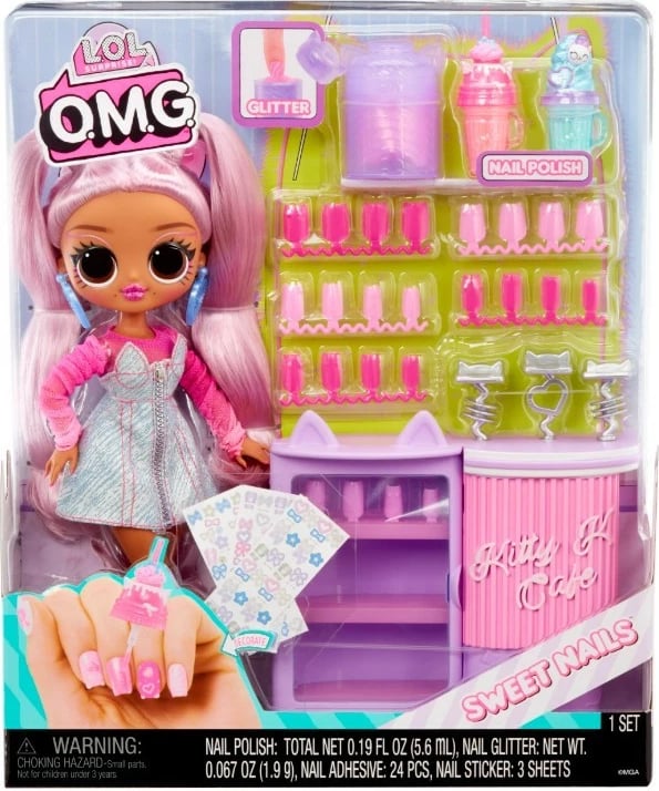 Set lodrash L.O.L. Surprise OMG Sweet Nails Kitty K Cafe me kukull dhe aksesorë për thonj, rozë