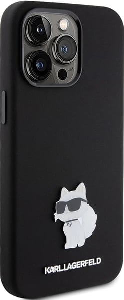 Mbështjellës Karl Lagerfeld Silicone Choupette Metal Pin për iPhone 15 Pro Max, i zi