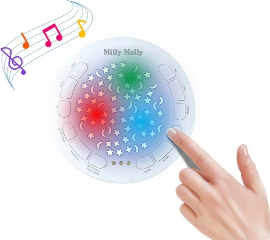 Lodër pelushi me projektor, Milly Mally Milly Sheep 5664, 10 ninulla, 5 zhurma të bardha, timer 30/60/90 min, 7 drita, me bateri AA, 30×15.5×23 cm, e bardhë