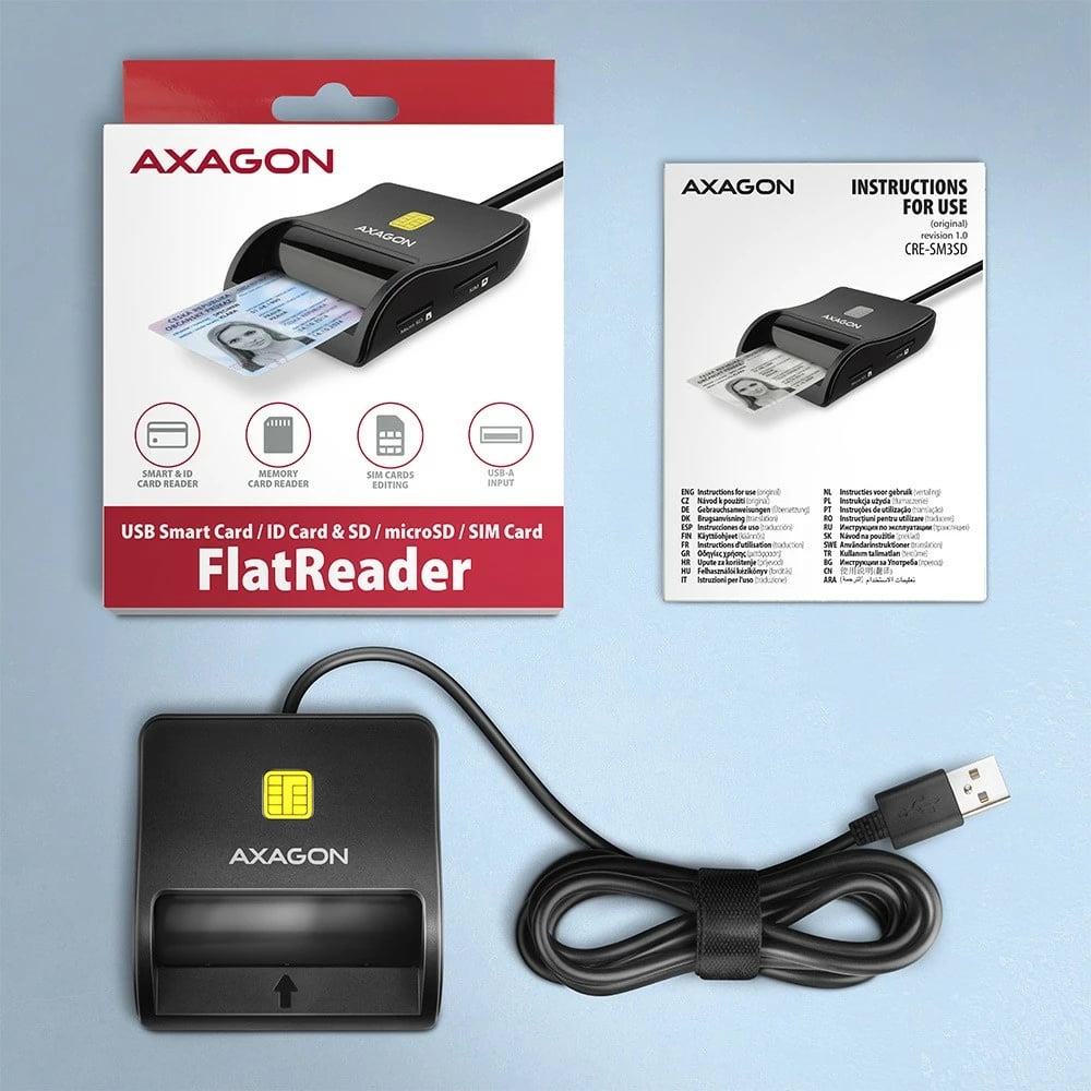 Lexues kartelash AXAGON CRE-SM3SD, USB 2.0, për Smart Card/SD/microSD/SIM, i zi