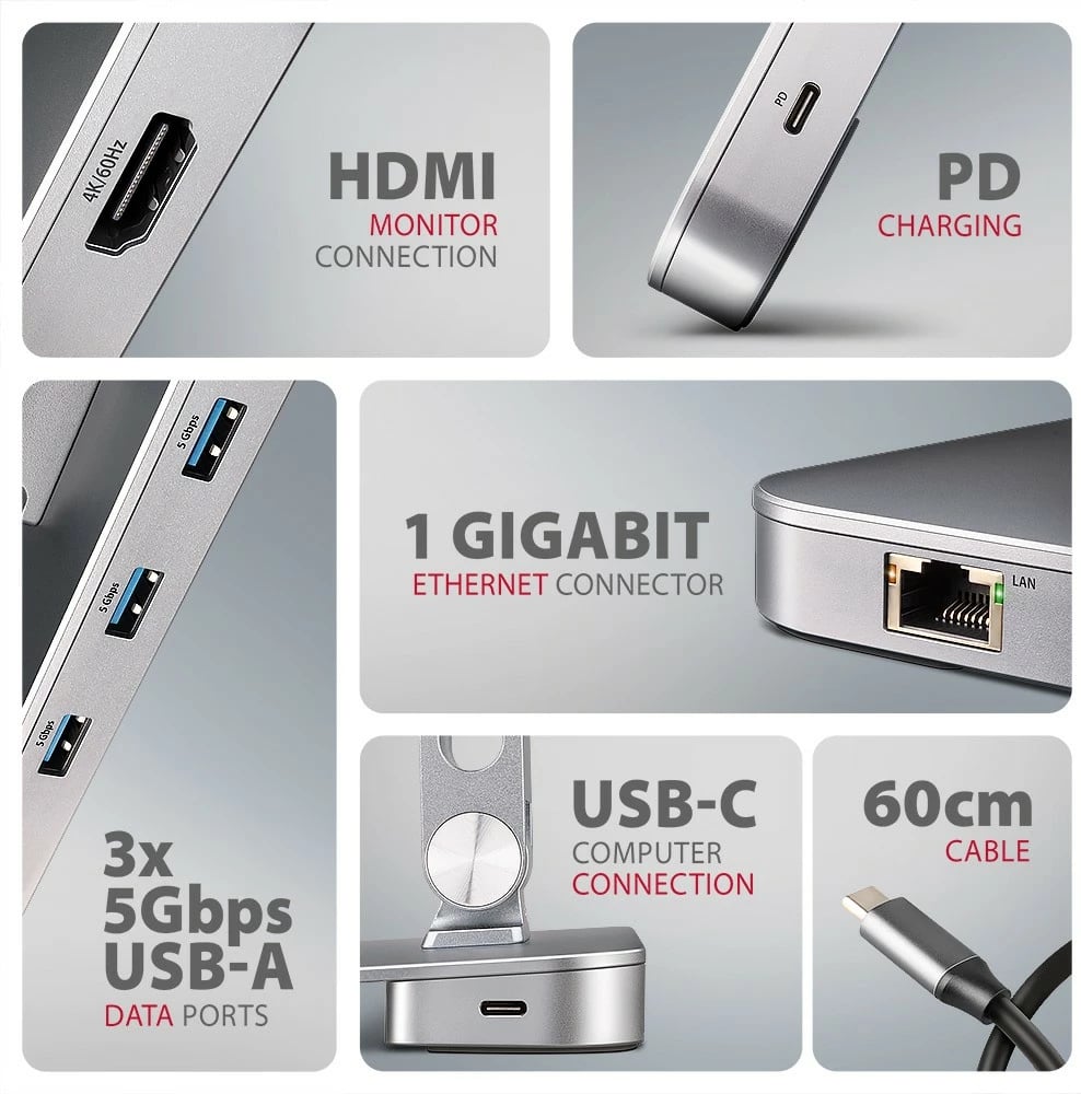 Mbajtës me hub 7-në-1 AXAGON HMC-STND, për laptop 10"-16", alumini, 3x USB-A, HDMI 4K, RJ-45, PD 100W, argjendtë