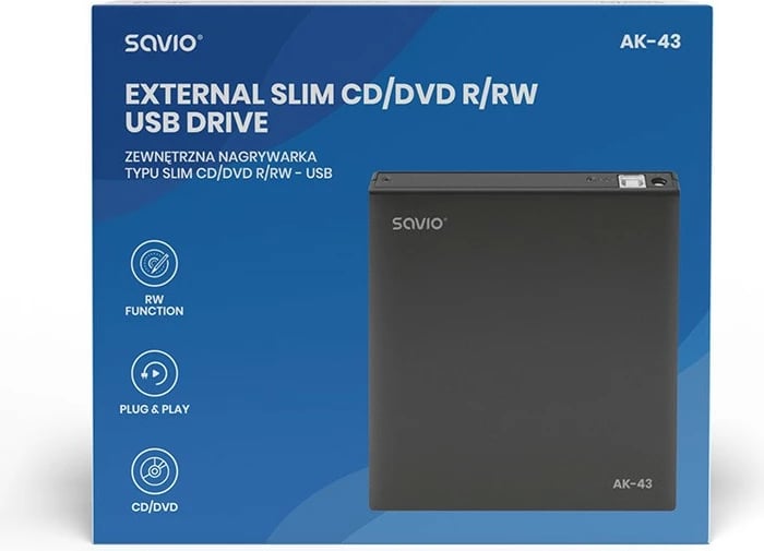 Nagjikuese e jashtme CD/DVD Savio AK-43, USB, Slim, e zezë