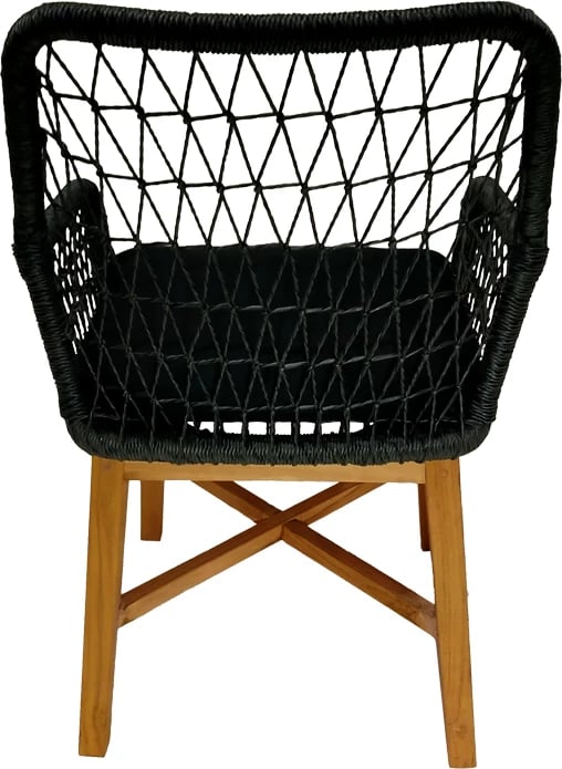 Karrige me krahë Elaiza dru teak dhe litar sintetik, ngjyrë natyrale-e zezë, me jastëk, 58x60x90cm