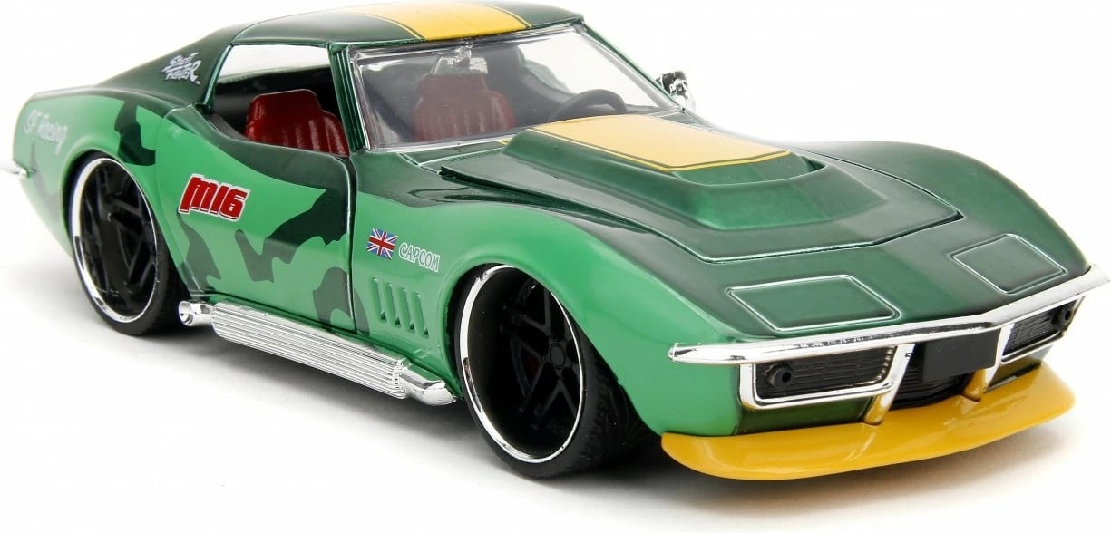 Veture lodër Jada Toys Street Fighter 1969 Chevrolet Corvette 1:24 me figurë Cammy, Gjelbër/Verdhë