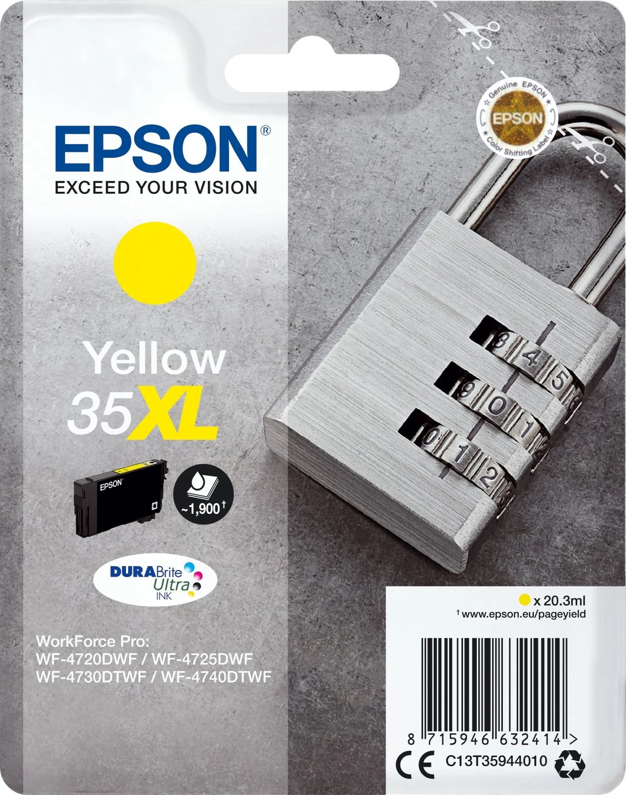 Bojë Epson Padlock Singlepack 35XL, DURABrite Ultra, Verdhë, 20.3 ml