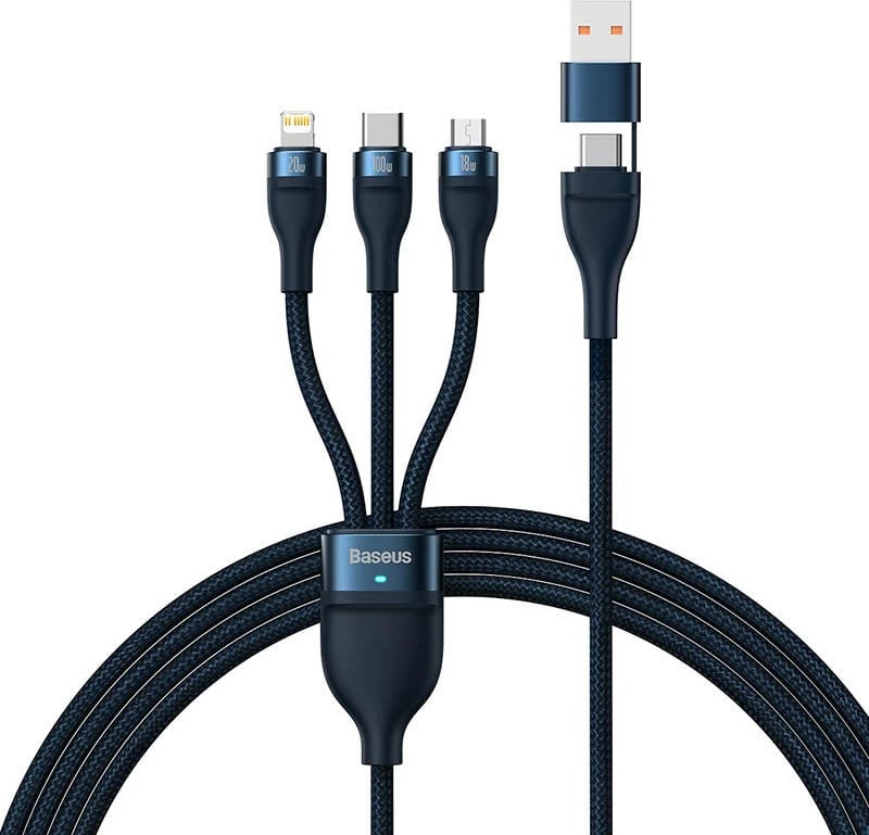 Kabllo 3-në-1 Baseus Flash Series 2, 1.2m, 100W, USB-C + micro USB + Lightning, blu