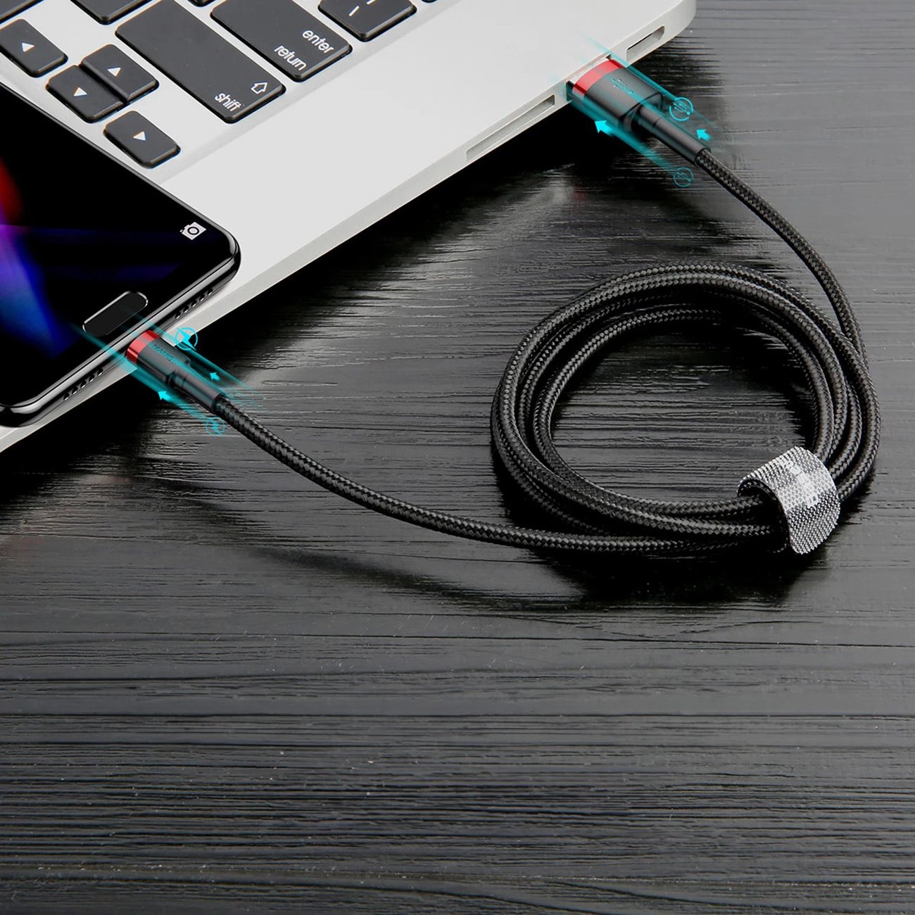 Kabllo Baseus Cafule CATKLF-A91 USB-A në USB-C, 0.5m, 3A, QC 3.0, e zezë dhe e kuqe