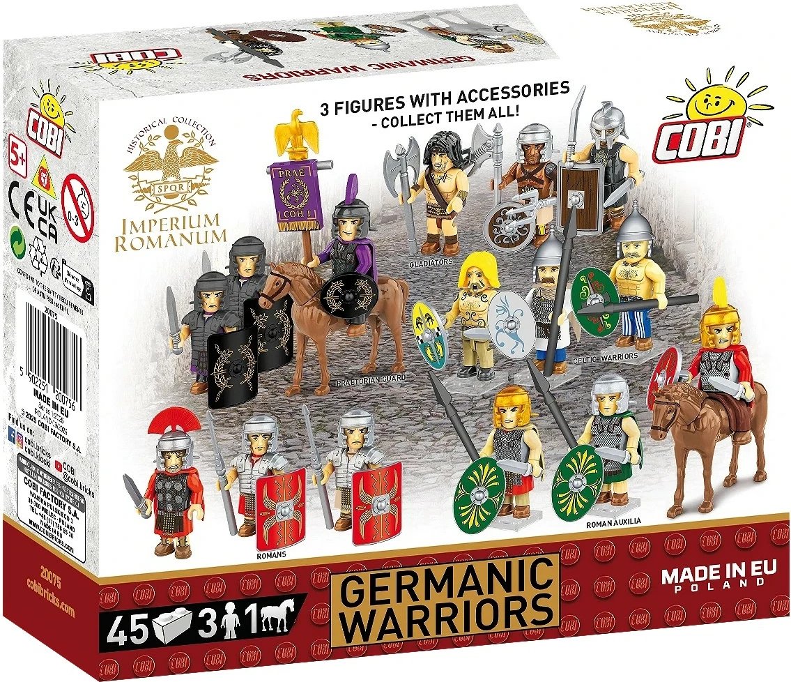 Set blloqe ndërtimi, Cobi, COBI-20075 Germanic Warriors, 45 pjesë, 3 figurina + kalë, seria Historical Collection Imperium Romanum, 6+ vjeç