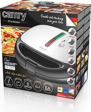 Pjekëse shumëfunksionale 6-në-1, Adler CR 3057, 800–1200W, pllaka të këmbyeshme, inoks, e zezë/argjend