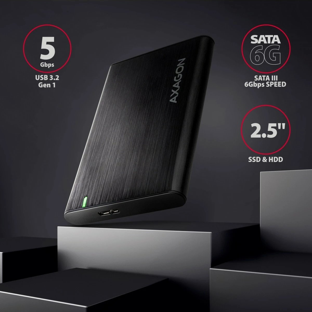 Kasë e jashtme AXAGON EE25-A6M për HDD/SSD 2.5", USB 3.2 Gen 1, alumini, karbon