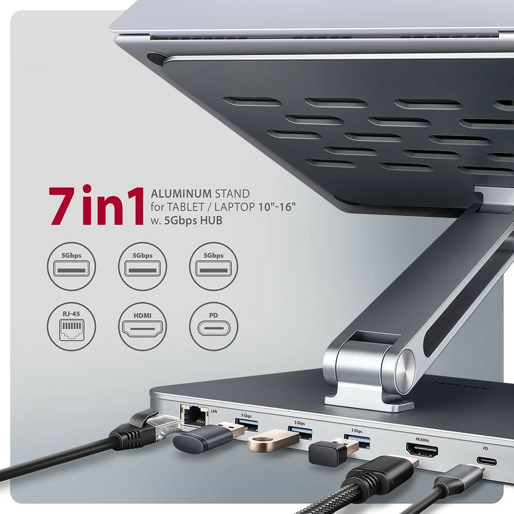 Mbajtës me hub 7-në-1 AXAGON HMC-STND, për laptop 10"-16", alumini, 3x USB-A, HDMI 4K, RJ-45, PD 100W, argjendtë