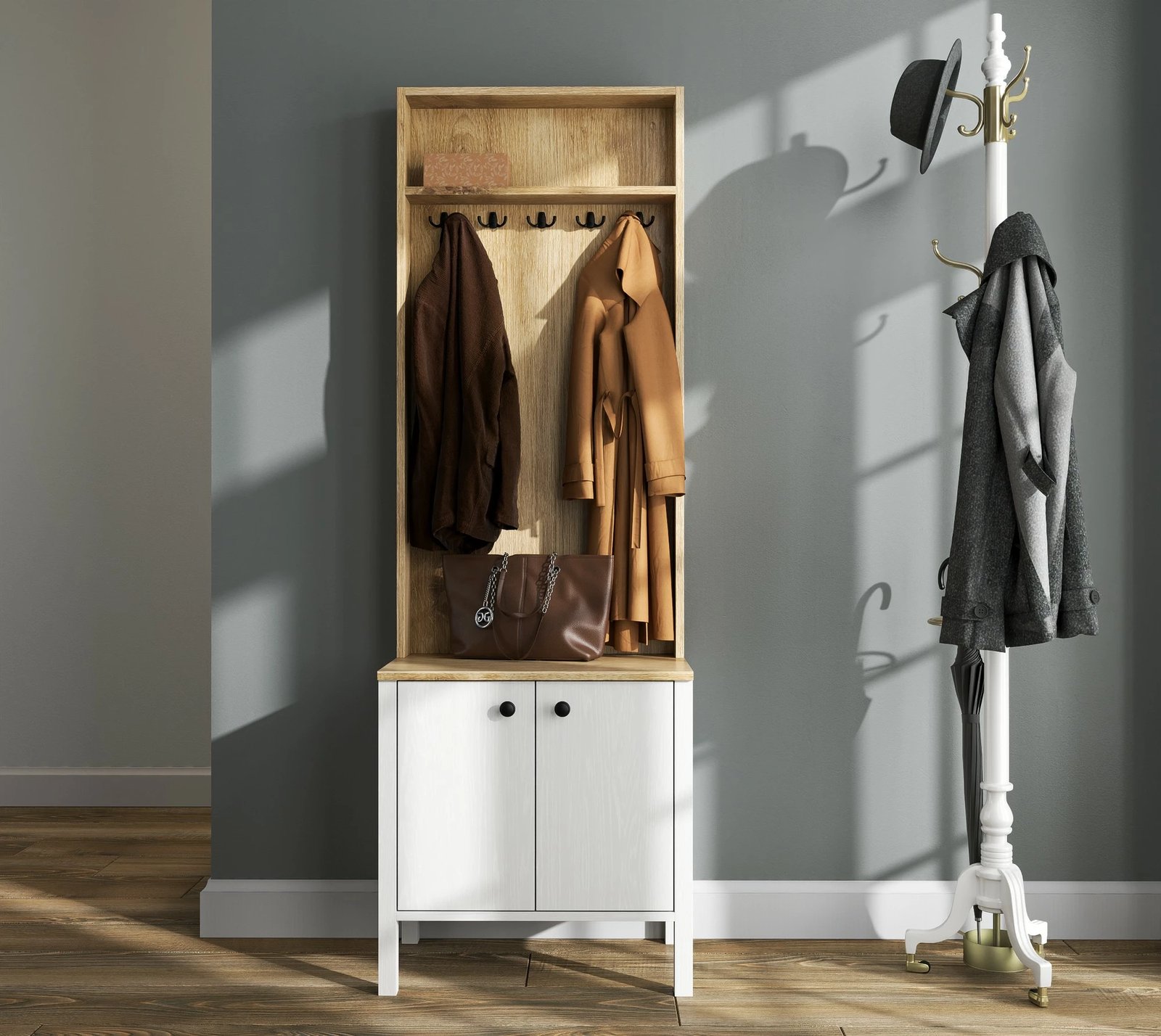 Stendë korridori Hanah Home, FRN-20077, ngjyrë druri dhe e bardhë