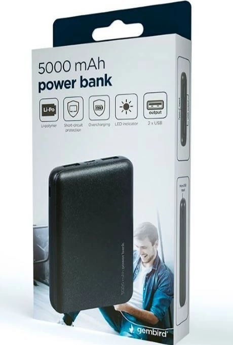 Power bank Gembird PB05-02, 5000 mAh, e zezë