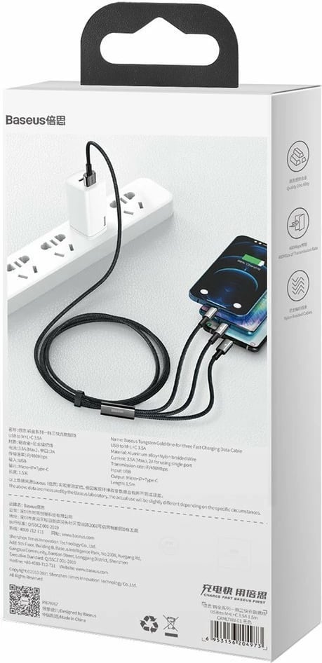 Kabllo 3-në-1 Baseus CAMLTWJ-01, USB në USB-C/Lightning/micro USB, 1.5m, e zezë Kabllo 3-në-1 Baseus CAMLTWJ-01, USB në USB-C/Lightning/micro USB, 1.5m, e zezë
