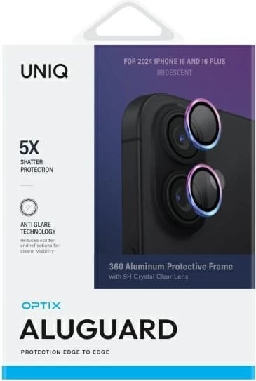Mbrojtës lentash alumini UNIQ Optix me aplikator për iPhone 16 / iPhone 16 Plus, Iridescent