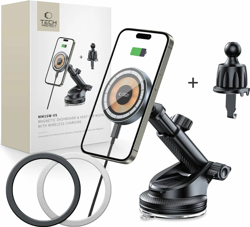 Mbajtës magnetik me karikues wireless Tech-Protect MM15W-V5 për veturë, MagSafe, 15W, i zi
