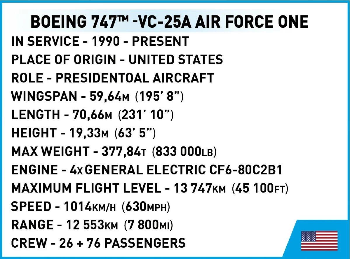 Set blloqe ndërtimi Cobi Boeing 747 Air Force One, 1087 pjesë, plastikë, ekstra i madh