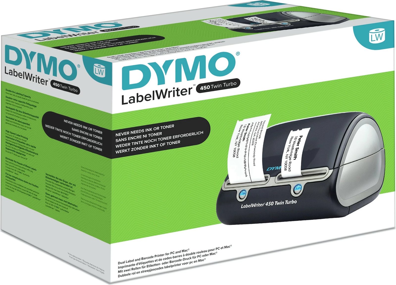 Printer etiketash Dymo LabelWriter 450 Twin Turbo, direct thermal, 600x300 DPI, zi/argjend