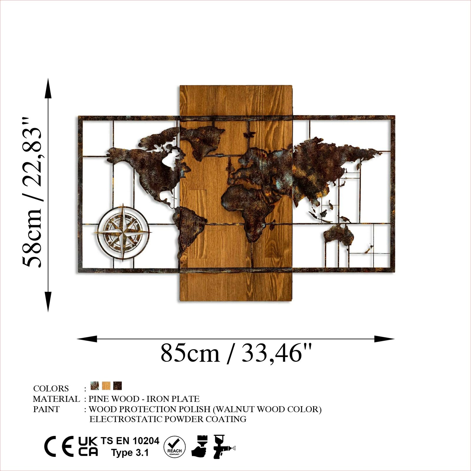 Aksesor dekorativ muri prej druri, hartë bote me busull, ngjyrë arre, 58x85cm