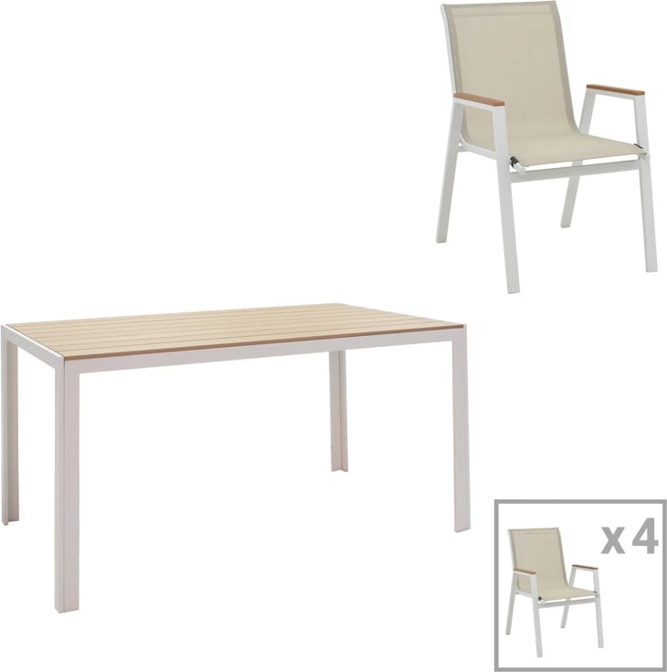 Set tavolinë me karrige për terasë Nares-Azelie A, 5 pjesë, alumin i bardhë dhe plywood natyral, 140x80x72.5cm
