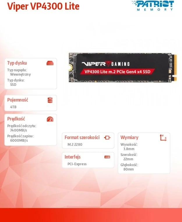 SSD Patriot Viper VP4300 Lite, 4TB, M.2 PCIe Gen4x4 NVMe 2.0, për kompjuter/PS5