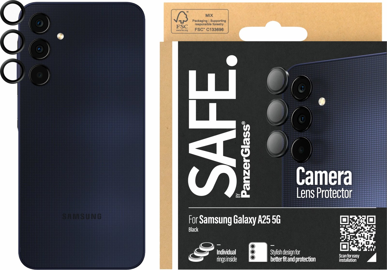 Mbrojtës kamere PanzerGlass SAFE. për Samsung A25 5G, xham i temperuar, i zi