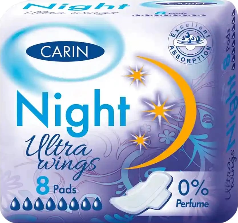 Peceta higjienike natës Carin Ultra Wings Night, 8 copë