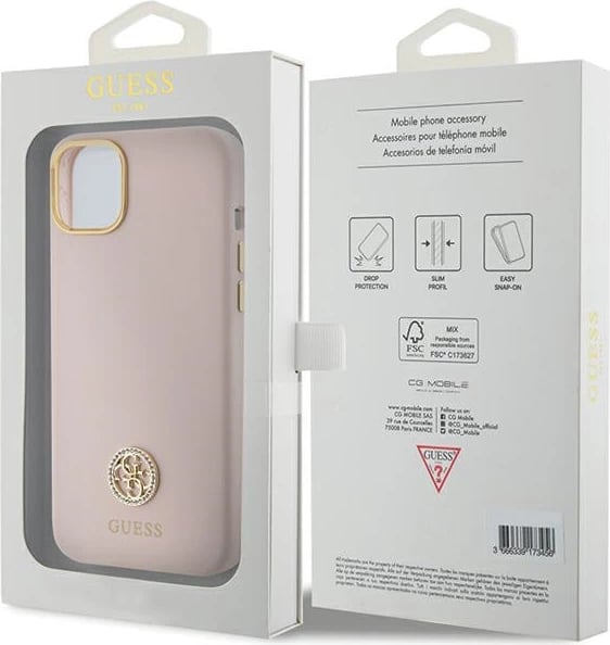 Mbështjellës Guess Silicone Logo Strass 4G për iPhone 15, Rozë e çelët