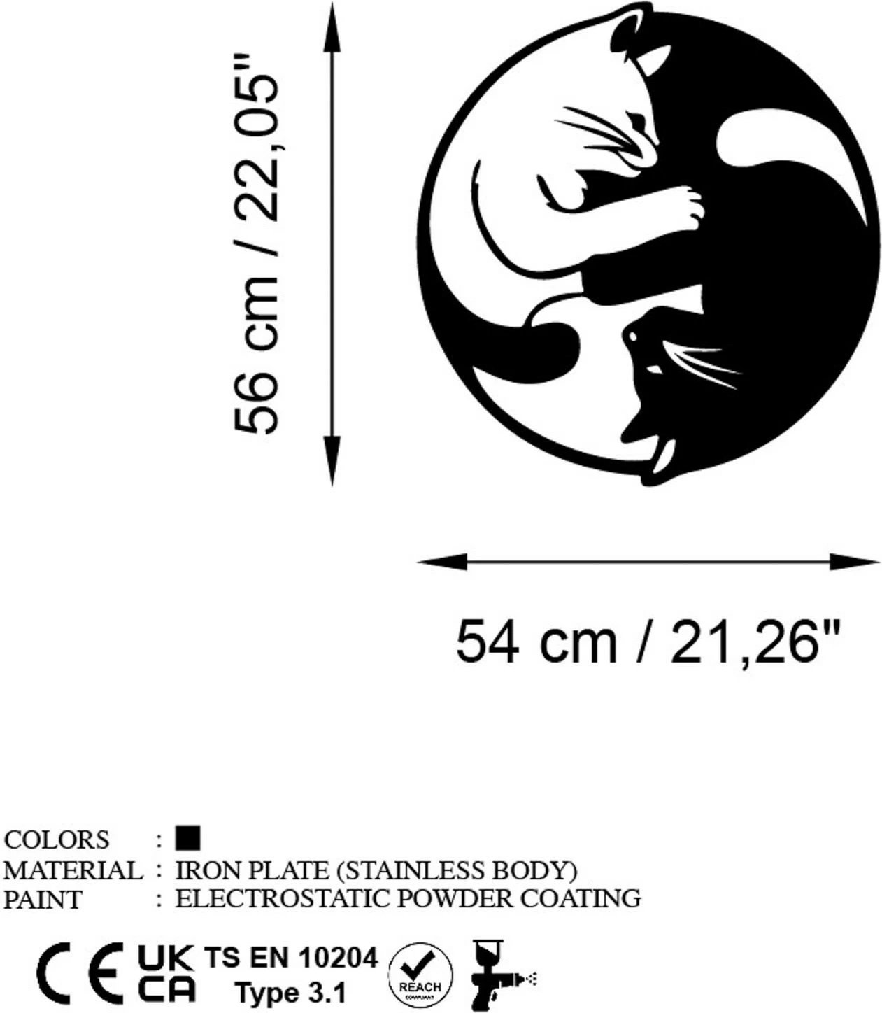 Aksesor dekorativ metalik për mur, dizajn mace, Wallity, Cat 1, ngjyrë e zezë, 54x56cm