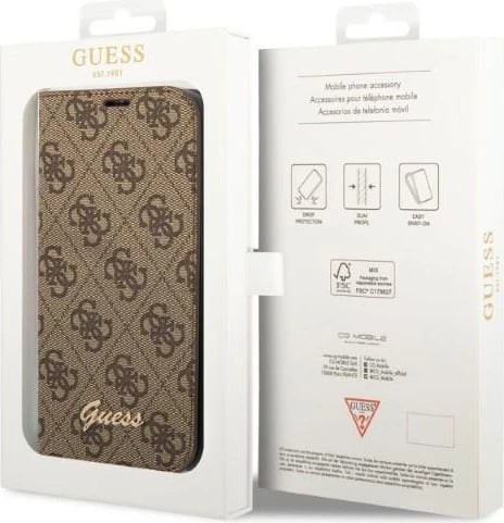 Mbështjellës Guess Bookcase 4G Vintage Gold Logo për iPhone 14, 6.1", Kafe