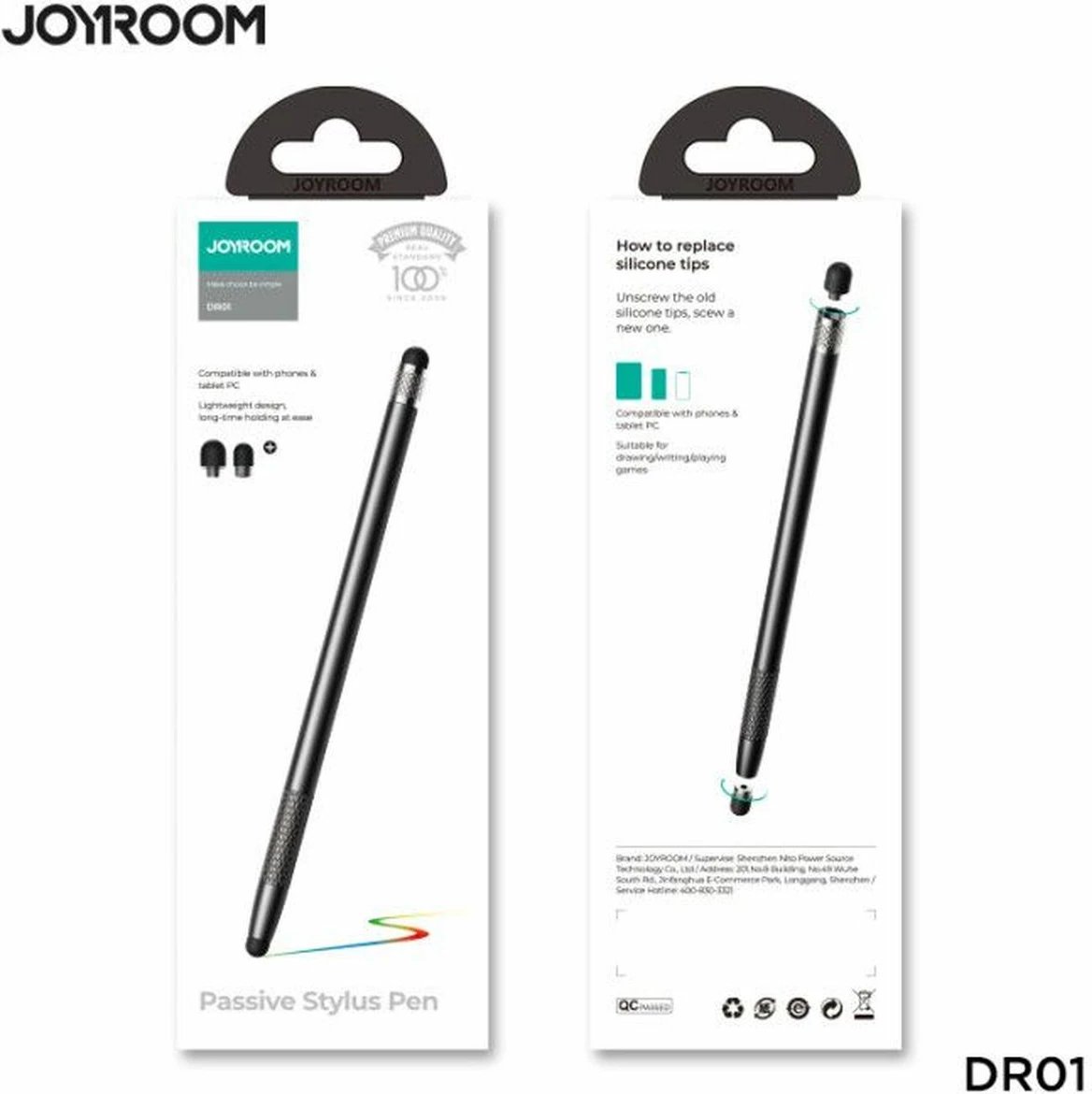 Stylus pasiv, Joyroom, JR-DR01, universal për celular e tablet, 2 maja të këmbyeshme, trup alumini, e zezë