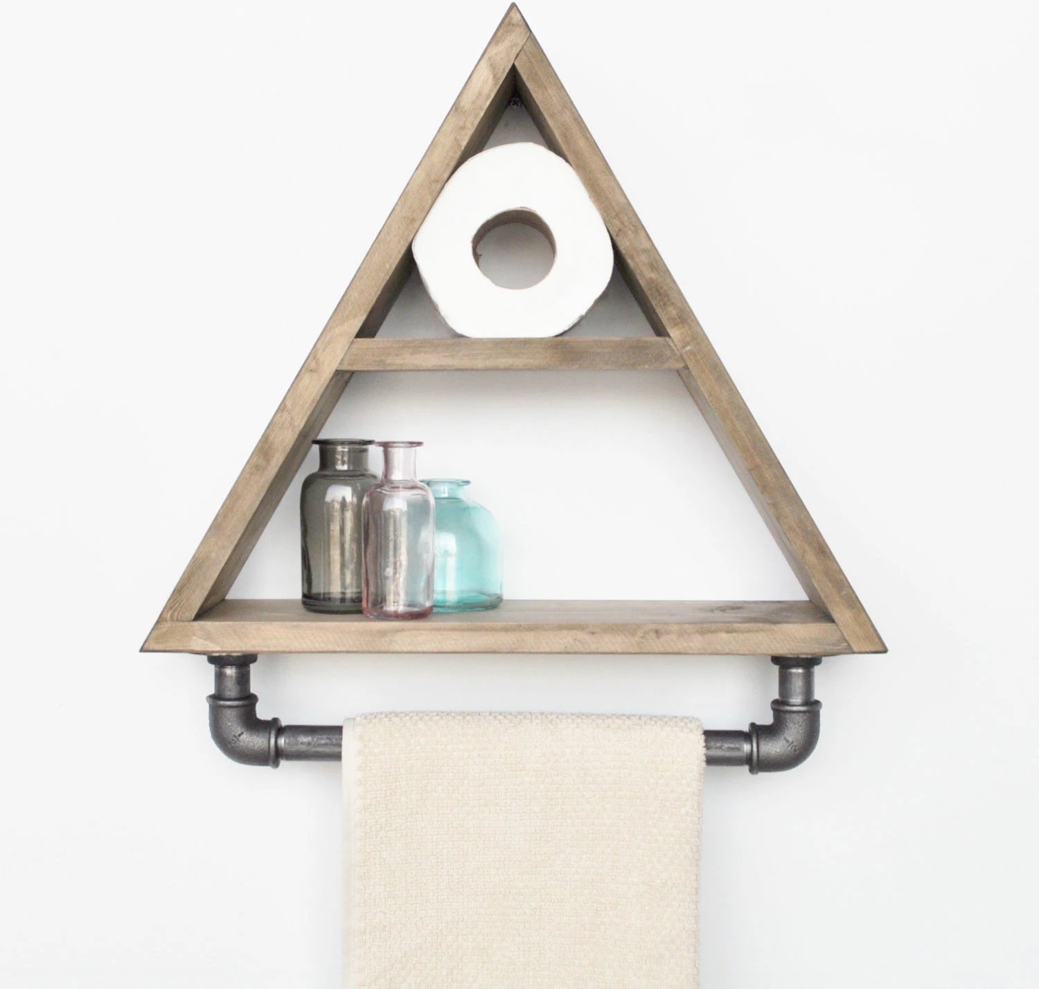 Raft trekëndësh dekorativ, dru bredhi, ngjyrë arre, tuba metalikë të zinj, Skye Decor, Boruraf119