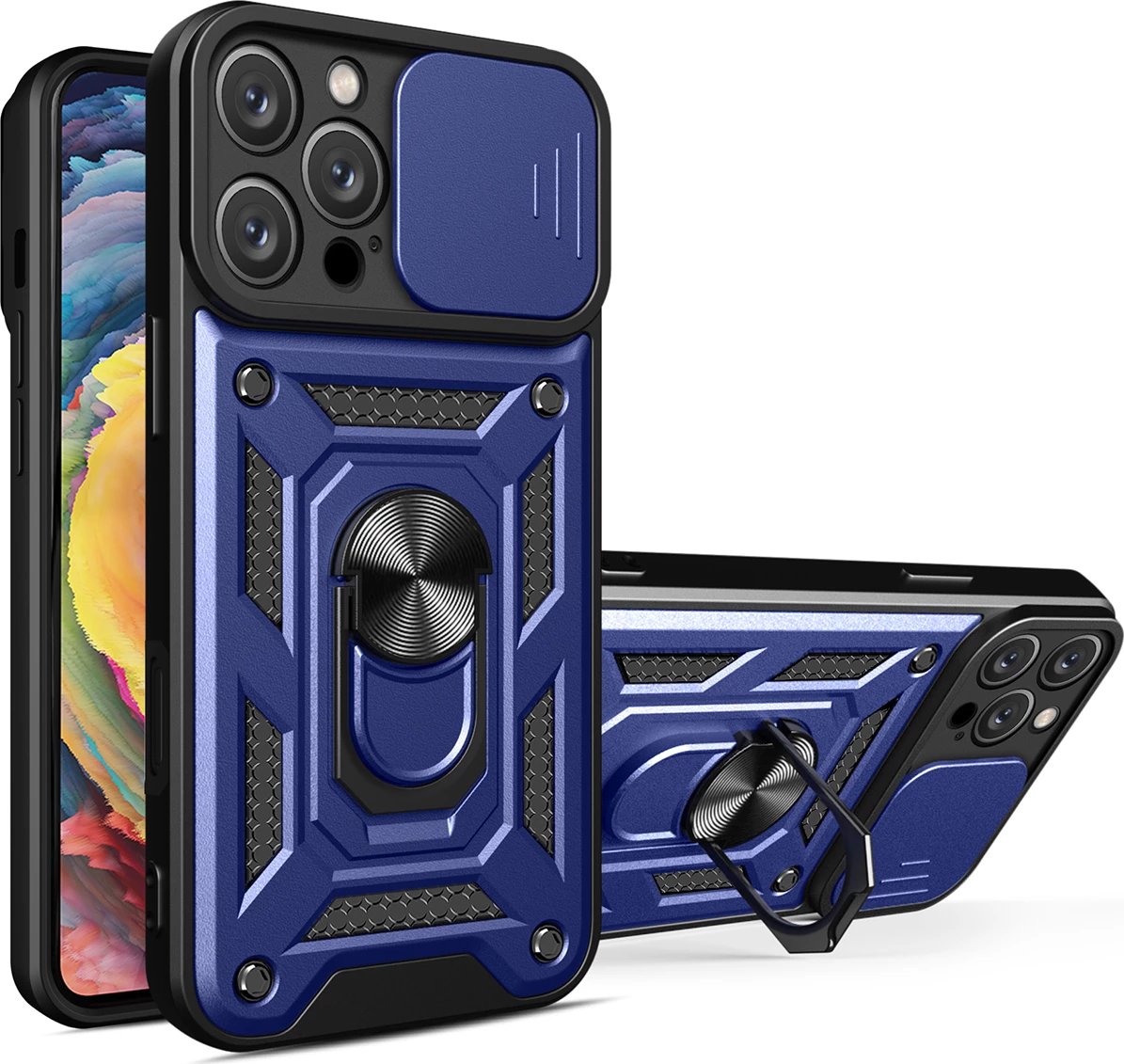 Mbështjellës Hurtel Hybrid Armor Camshield për iPhone 16 Pro Max, me kapak kamere dhe qëndrim, kaltër