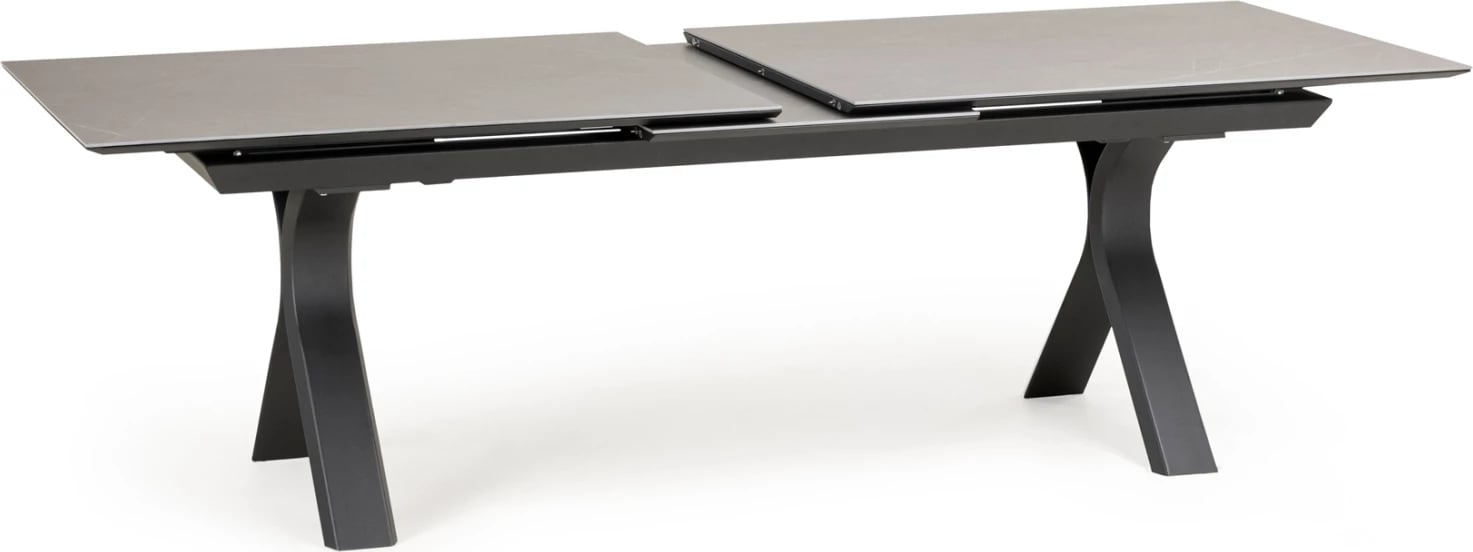 Tavolinë ngrënieje e zgjerueshme Andromeda, alumin, sipërfaqe prej guri të sinterizuar, ngjyrë gri, 180-240x100x76.5cm