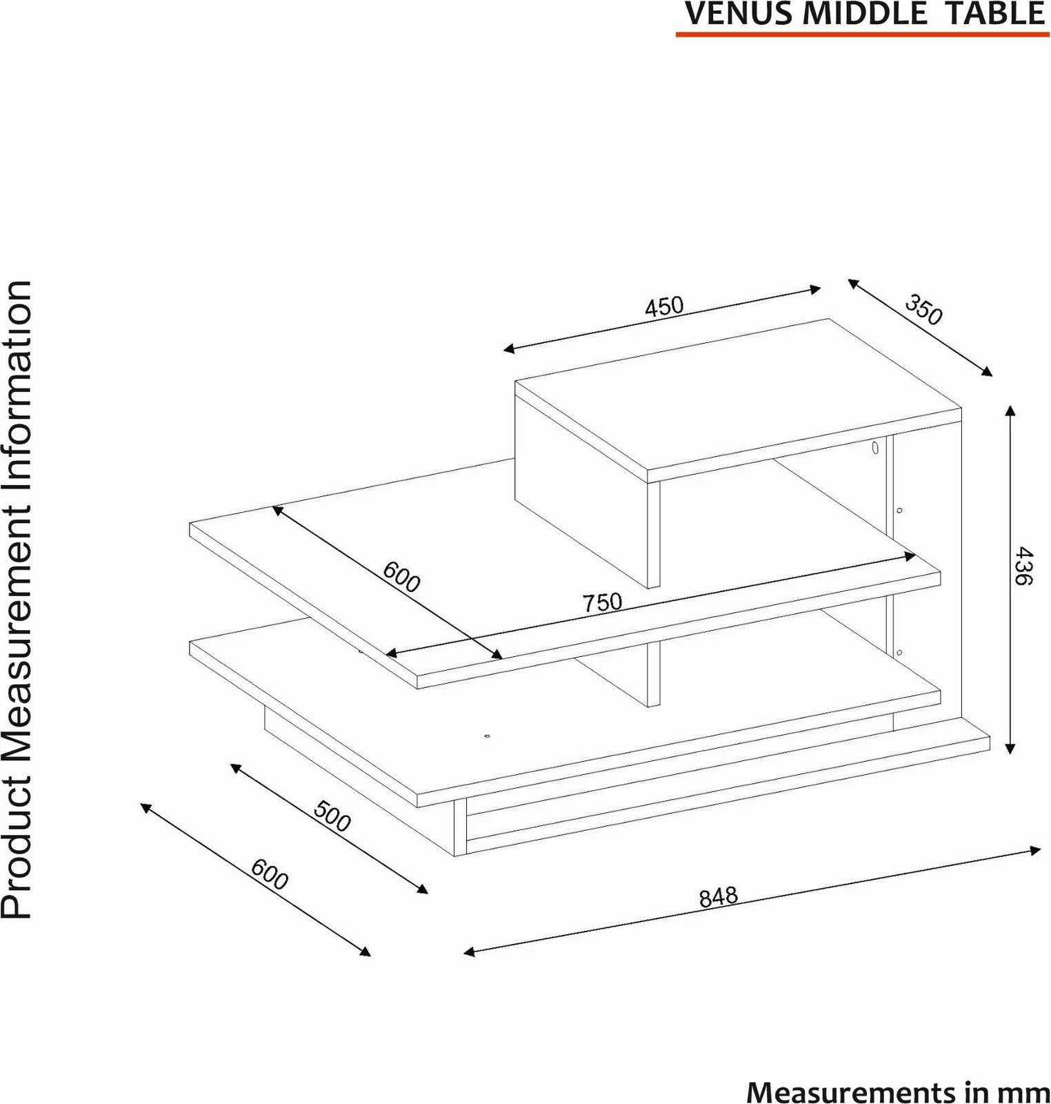 Tavolinë e ulët Skye Decor, Venüs, e bardhë dhe arre