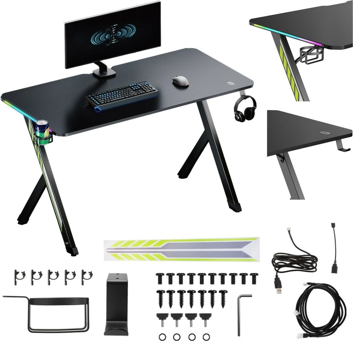 Tavolinë gaming, Maclean NanoRS RS102, 120x60 cm, LED RGB, e zezë