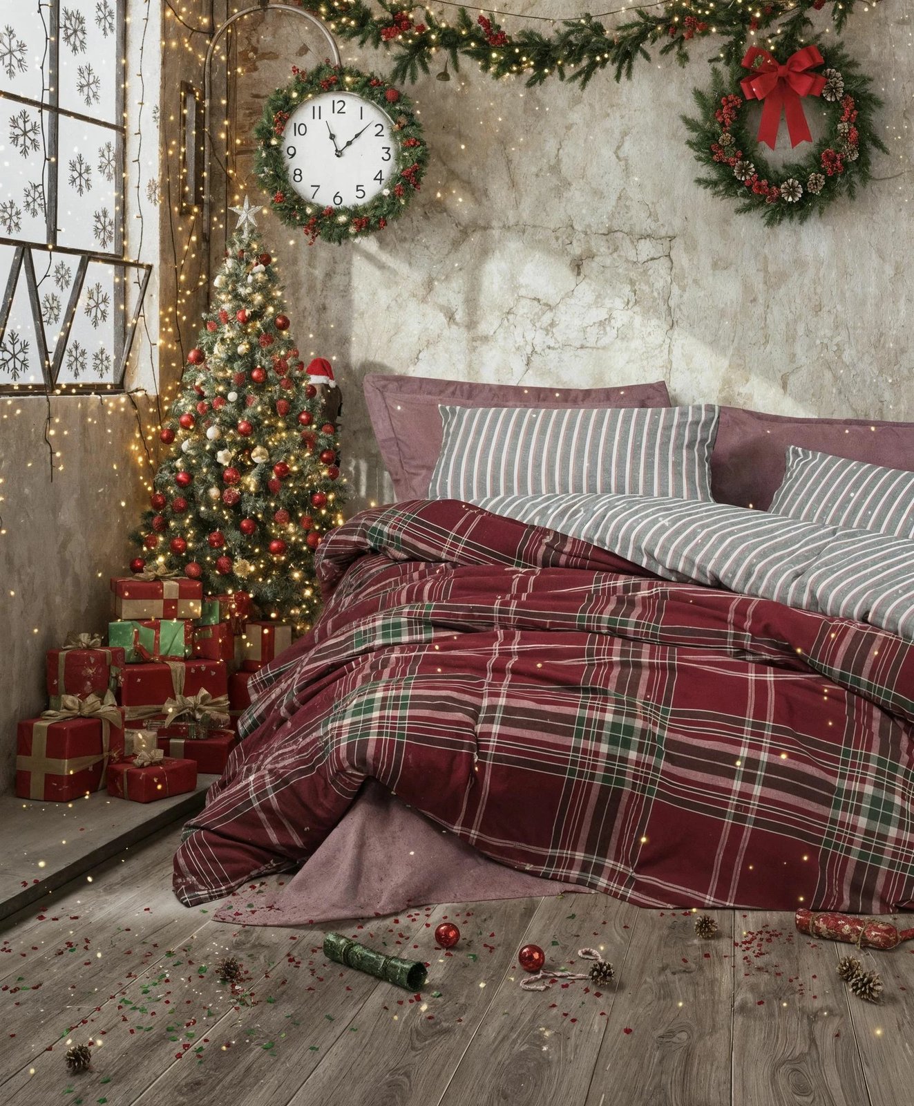 Set mbulesë për jorgan dopio, Pledd, ngjyrë e kuqe claret