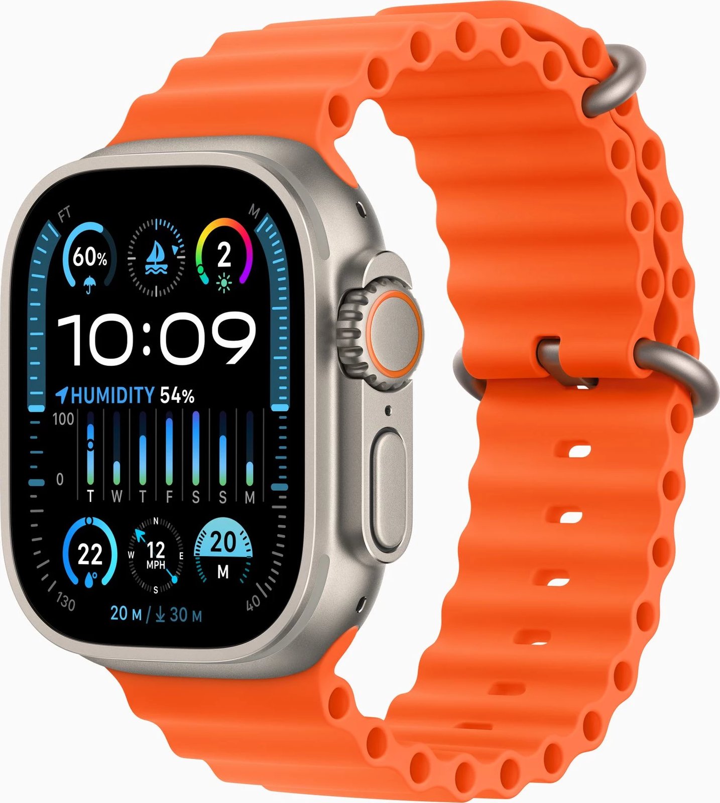 Apple Watch Ultra2 Cellular, 49mm Titanium Case w Orange Ocean Band