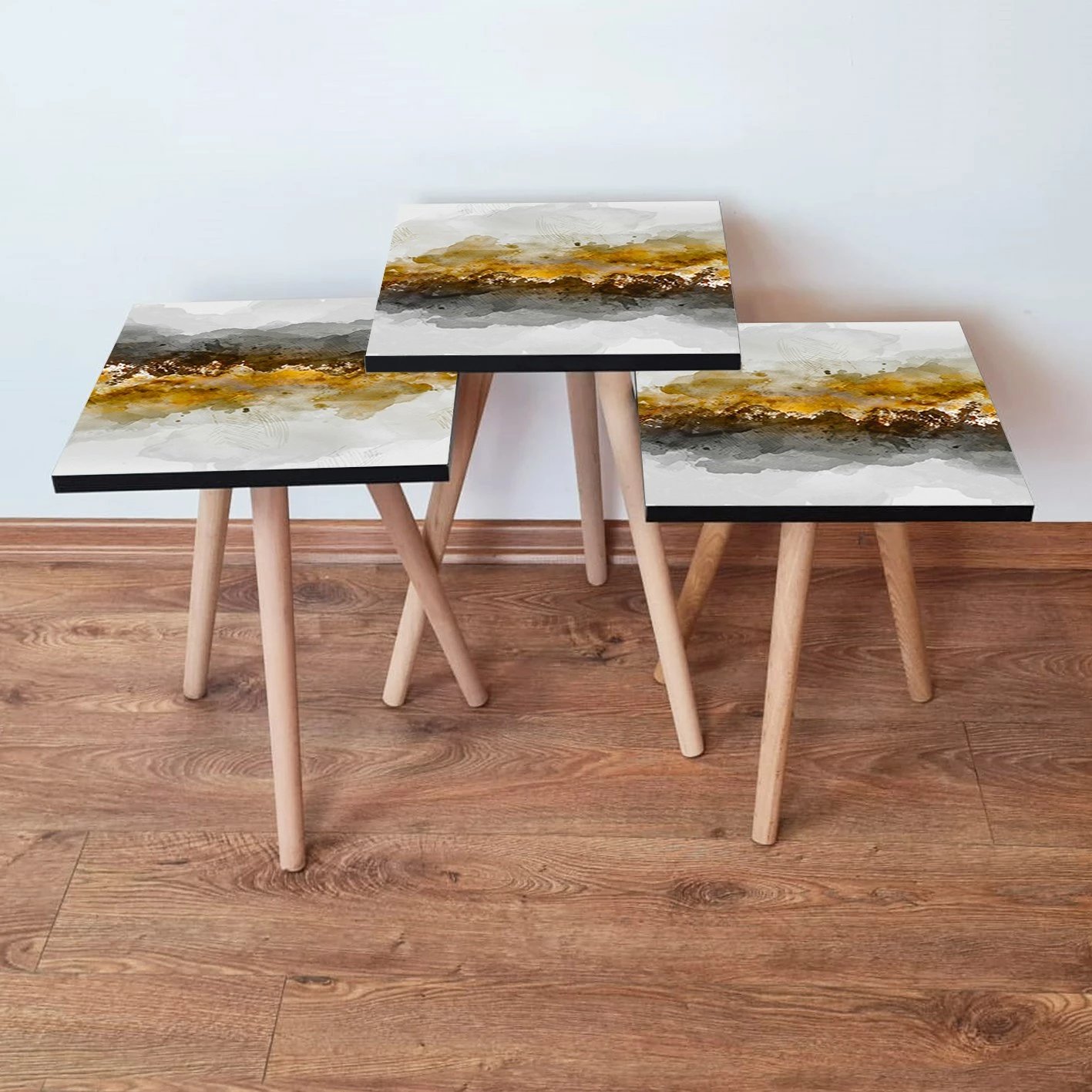 Tavolina ndihmëse të vendosshme (3 copë), Skye Decor, 3Shp81, bardhë, zi, ari