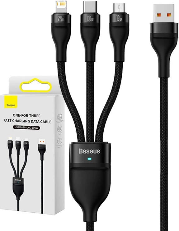 Kabllo 3-në-1 Baseus Flash Series, 1.2m, 100W, USB-C + micro USB + Lightning, e zezë