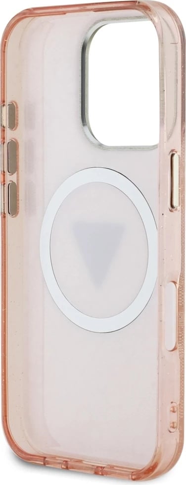 Mbështjellës Guess IML Metal Glitter 4G Circle Triangle MagSafe për iPhone 16 Pro Max, Rozë
