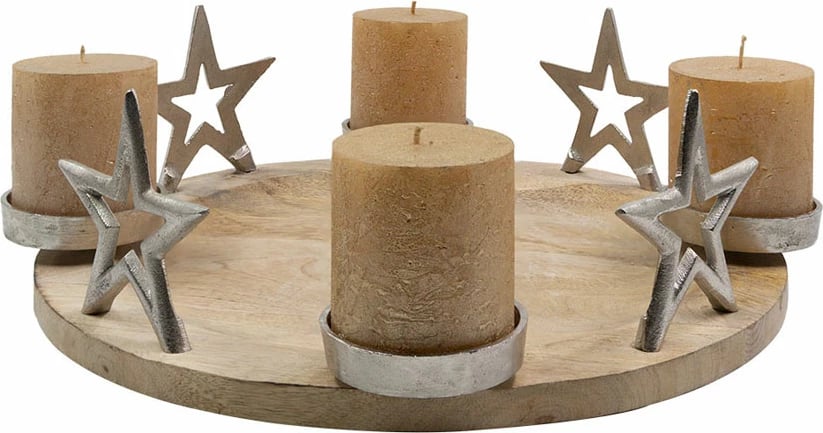 Mbajtës qirinjsh SACRO për festat e fundvitit, dru dhe alumin, argjend, 13x40x40 cm Mbajtës qirinjsh SACRO për festat e fundvitit, dru dhe alumin, argjend, 13x40x40 cm