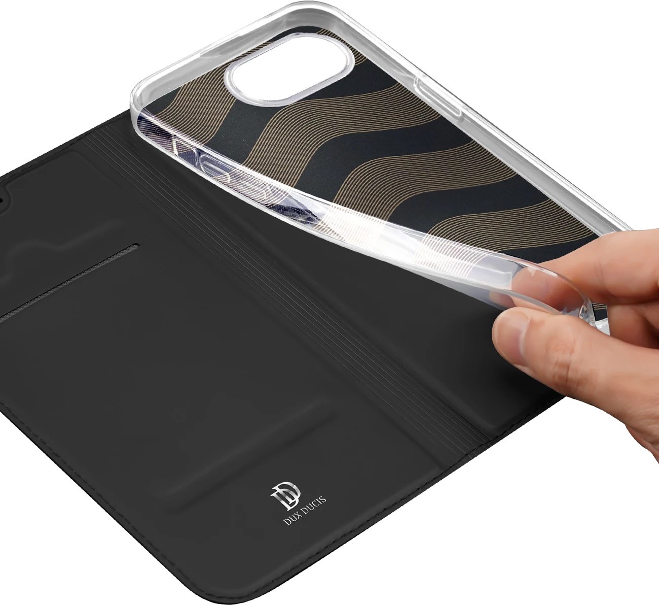 Mbështjellës Dux Ducis Skin Pro për iPhone 16e, me xhep për kartela, me kapak, e zezë