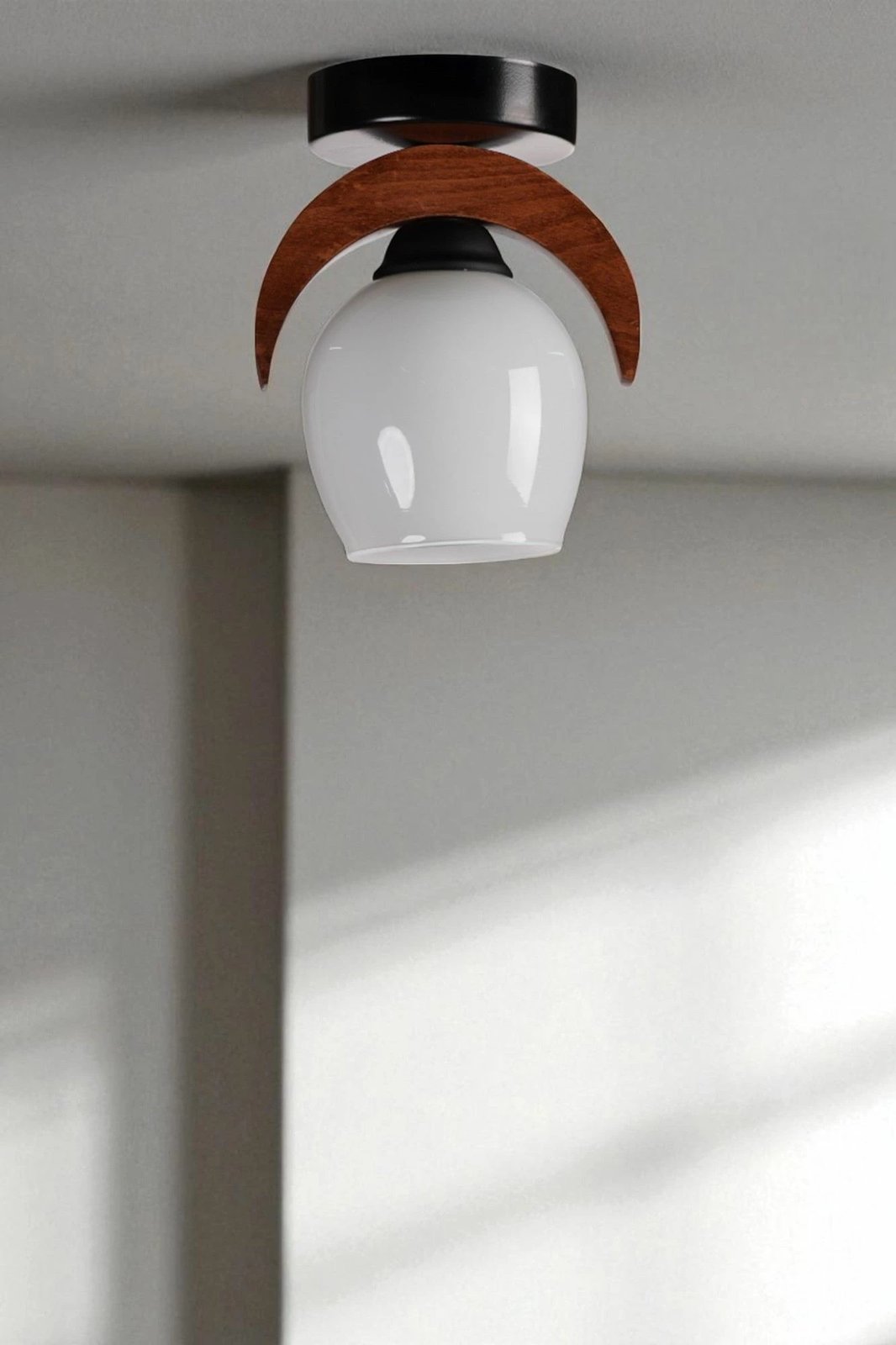 Llambë tavani Opviq, 9004-1, metal, detaje druri, xham, e bardhë/nogal/e zezë