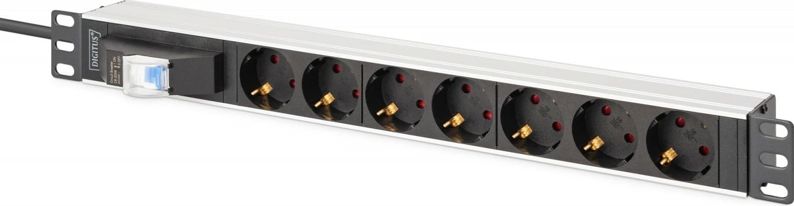 Shirit rryme PDU rack 19", Digitus DN-95439, 7 Schuko, ndërprerës tip C 16A, kabllo 1.8 m CEE 7/7, 4000 W, alumin, zi/argjend