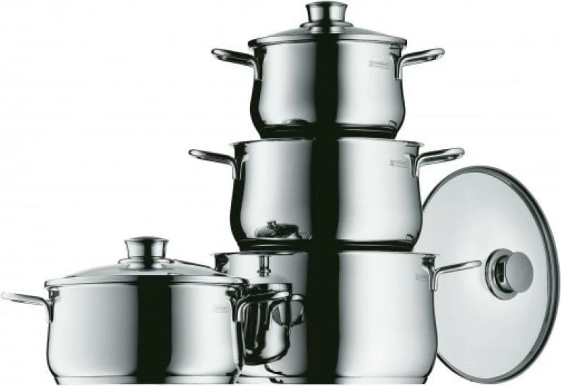 Tenxhere WMF Diadem Plus (07 3004 6040), çelik inoks 18/10 Cromargan, bazë TransTherm për të gjitha sobat me induksion, me kapak qelqi, argjendtë, set 4 copë