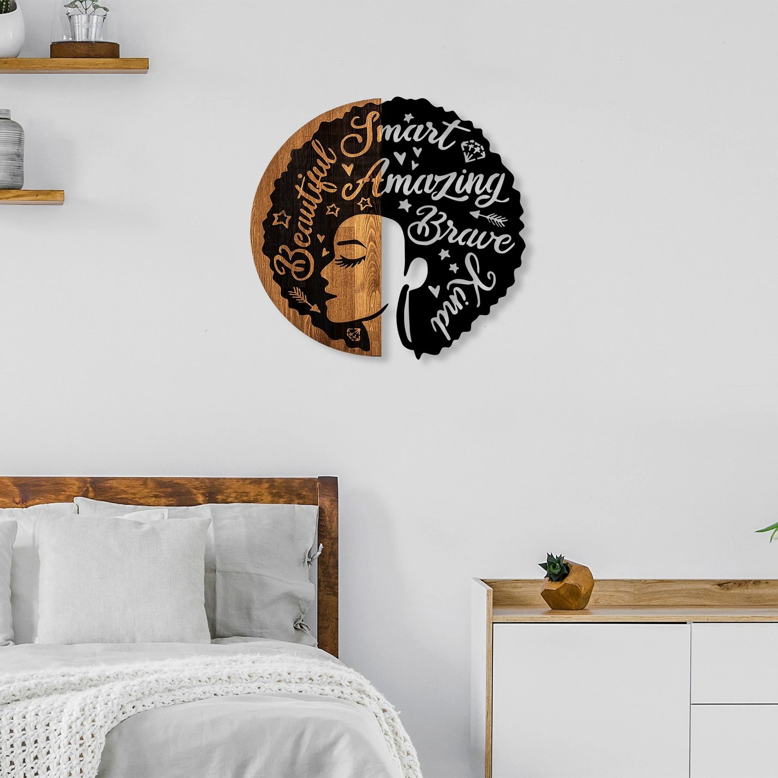 Aksesor dekorativ për mur, dru arre dhe i zi, Wallity, femër, 56x59cm