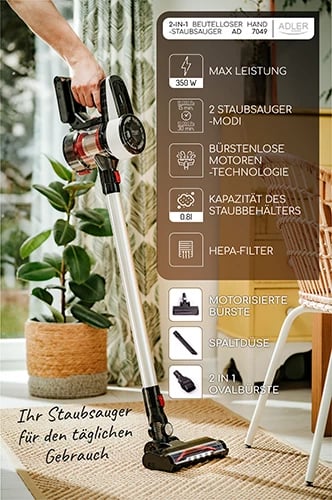 Fshesë me korrent pa qese, Adler AD 7048, pa kabllo, motor brushless, Dual Cyclone, 0.8L, 200W (350W max), LED ekran, 2 moda, bateri 2000mAh, e bardhë/zezë/e kuqe Fshesë me korrent pa qese, Adler AD 7048, pa kabllo, motor brushless, Dual Cyclone, 0.8L, 200W (350W max), LED ekran, 2 moda, bateri 2000mAh, e bardhë/zezë/e kuqe